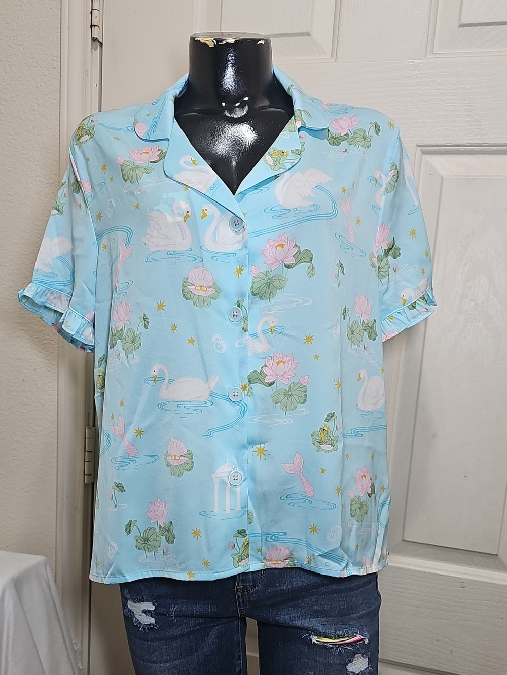 Room Service PJ Top Light Blue Swan & Lotus Short-Sleeve Button-Up Shirt
